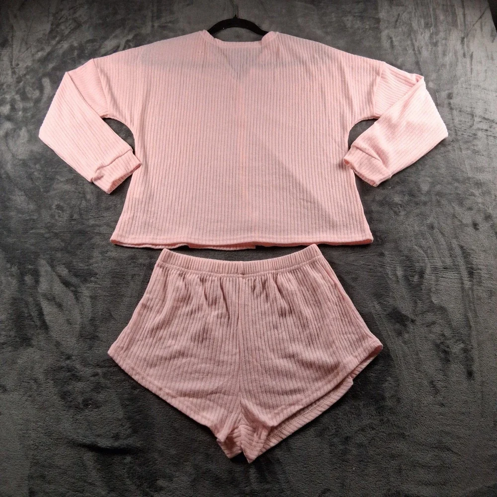 NWT Cupshe Pajama Set Womens Medium Pink Ribbed Cardigan and Shorts Loungewear
